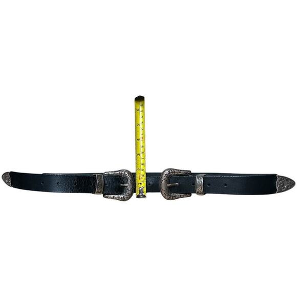 Double Buckle Black WESTERN LEATHER Southwestern Adjustable Belt Silver Buckle - Picture 4 of 4
